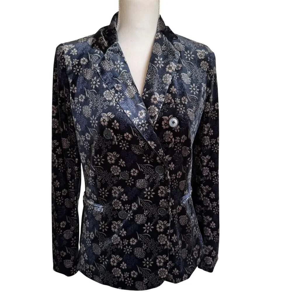 Carolina Belle Montreal Velvet Blazer XS Navy Blue Beige Floral Double Breasted